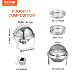 VEVOR Roll Top Chafing Dish komplekts, 2 x 6 l, nerūsējošais tērauds, ar 2 pilna izmēra pannām un degvielas turētāju