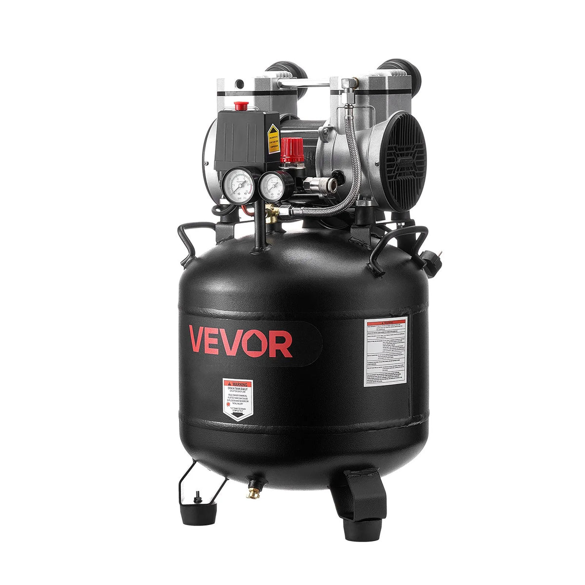 VEVOR 30 l gaisa kompresors, 1,5 kW, 113 l/min pie 6,2 bar, maks. spiediens 10 bar, bez eļļas, paredzēts auto remontam, riepu piepumpēšanai, krāsošanai un koka darbu naglošanai