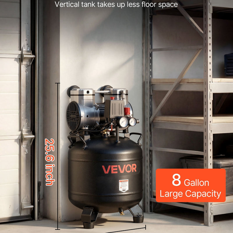 VEVOR 30 l gaisa kompresors, 1,5 kW, 113 l/min pie 6,2 bar, maks. spiediens 10 bar, bez eļļas, paredzēts auto remontam, riepu piepumpēšanai, krāsošanai un koka darbu naglošanai