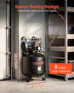 VEVOR 30 l gaisa kompresors, 1,5 kW, 113 l/min pie 6,2 bar, maks. spiediens 10 bar, bez eļļas, paredzēts auto remontam, riepu piepumpēšanai, krāsošanai un koka darbu naglošanai