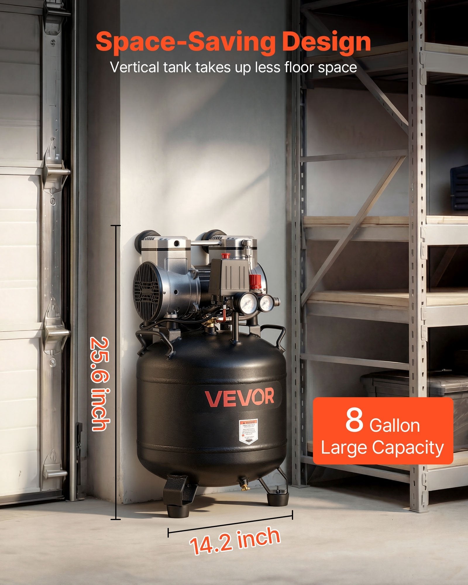 VEVOR 30 l gaisa kompresors, 1,5 kW, 113 l/min pie 6,2 bar, maks. spiediens 10 bar, bez eļļas, paredzēts auto remontam, riepu piepumpēšanai, krāsošanai un koka darbu naglošanai
