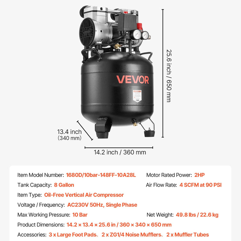 VEVOR 30 l gaisa kompresors, 1,5 kW, 113 l/min pie 6,2 bar, maks. spiediens 10 bar, bez eļļas, paredzēts auto remontam, riepu piepumpēšanai, krāsošanai un koka darbu naglošanai