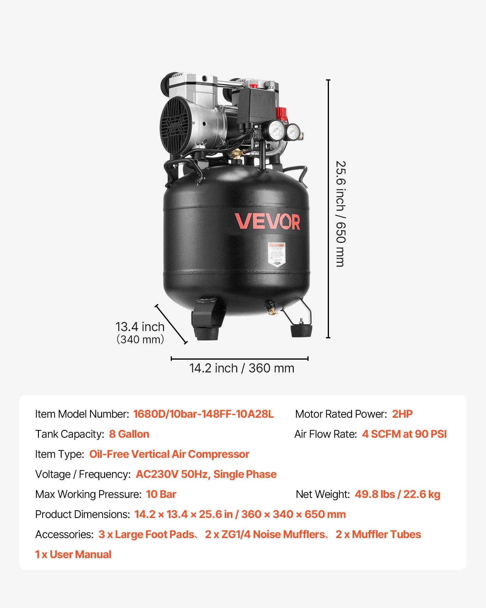 VEVOR 30 l gaisa kompresors, 1,5 kW, 113 l/min pie 6,2 bar, maks. spiediens 10 bar, bez eļļas, paredzēts auto remontam, riepu piepumpēšanai, krāsošanai un koka darbu naglošanai