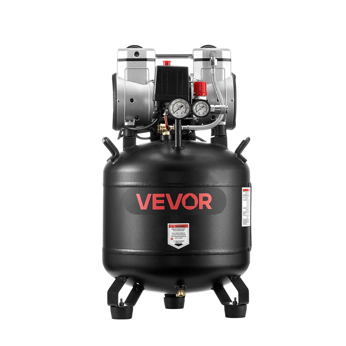 VEVOR 30 l gaisa kompresors, 1,5 kW, 113 l/min pie 6,2 bar, maks. spiediens 10 bar, bez eļļas, paredzēts auto remontam, riepu piepumpēšanai, krāsošanai un koka darbu naglošanai