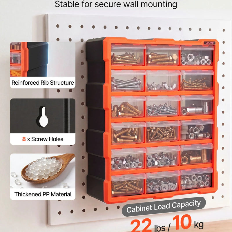 VEVOR 18 atvilktņu sīko detaļu organizators, plastmasas uzglabāšanas skapis, sakraujams un stiprināms pie sienas, garāžai, darbnīcai, skrūvēm, instrumentiem, pērlītēm un konstruktoriem