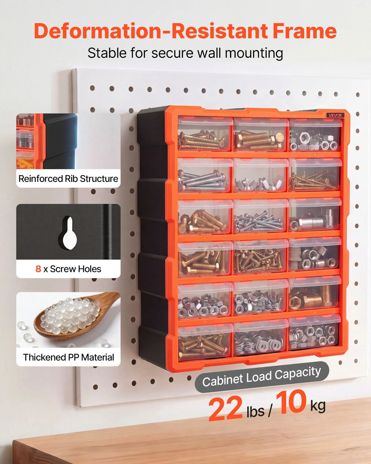 VEVOR 18 atvilktņu sīko detaļu organizators, plastmasas uzglabāšanas skapis, sakraujams un stiprināms pie sienas, garāžai, darbnīcai, skrūvēm, instrumentiem, pērlītēm un konstruktoriem