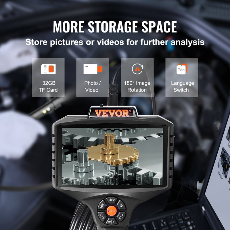 VEVOR trīs lēcu inspekcijas kamera ar apgaismojumu, 12,7 cm IPS ekrānu industriālais endoskops, 8X tuvinājums, 1080P HD Izšķirtspēja, 10 LED gaismas, 5,03 m kabelis