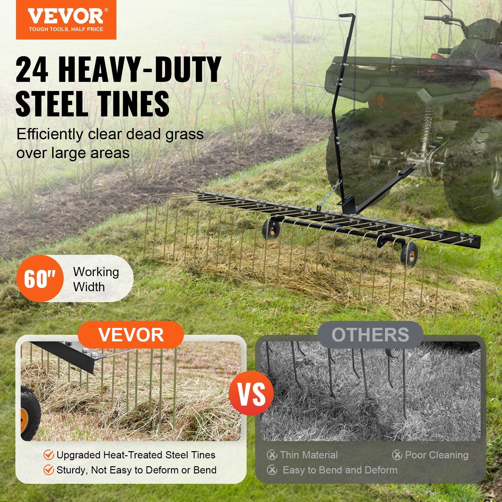 VEVOR piekabināms zāles iztīrītājs, 152 cm zāles iztīrītāja grābeklis ATV vai zāles pļāvējam, 24 dakšas