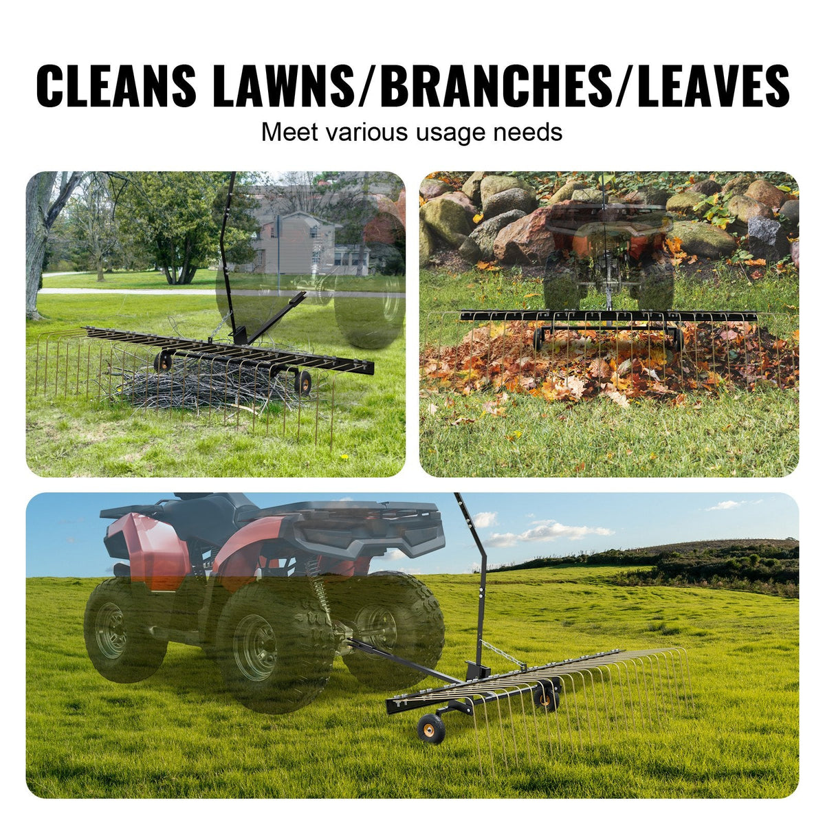 VEVOR piekabināms zāles iztīrītājs, 152 cm zāles iztīrītāja grābeklis ATV vai zāles pļāvējam, 24 dakšas