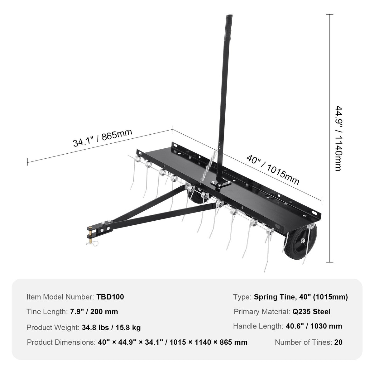 VEVOR piekabināms zāles iztīrītājs, 101,6 cm zāles iztīrītāja grābeklis ATV vai zāles pļāvējam, 20 dakšas