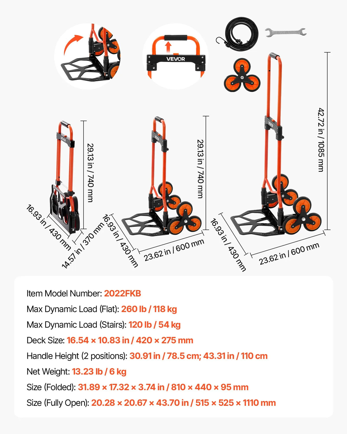 VEVOR stair cart with a 54 kg load capacity, foldable transport cart with a telescoping handle, 6 wheels and 2 elastic straps, suitable for home use, food transport, and storage