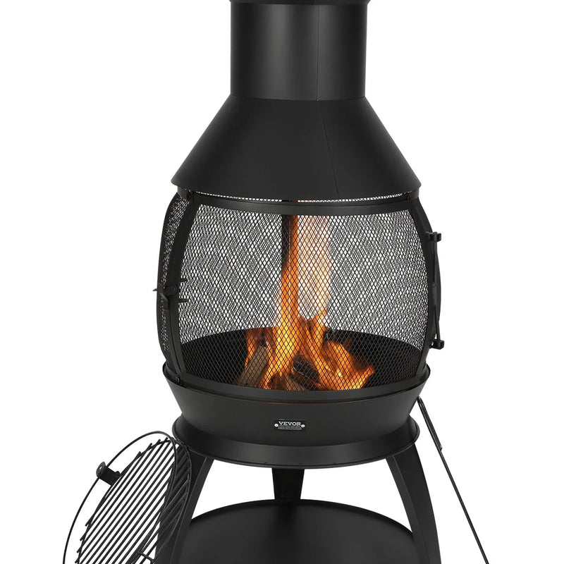 VEVOR Čimineja 56 cm āra malkas ugunskura krāsns, dzelzs sfēriska kamīna forma ar BBQ režģi, skursteņa pārsegu un rūsasizturīgu vāku, piemērota terasei, dārzam un pagalmai