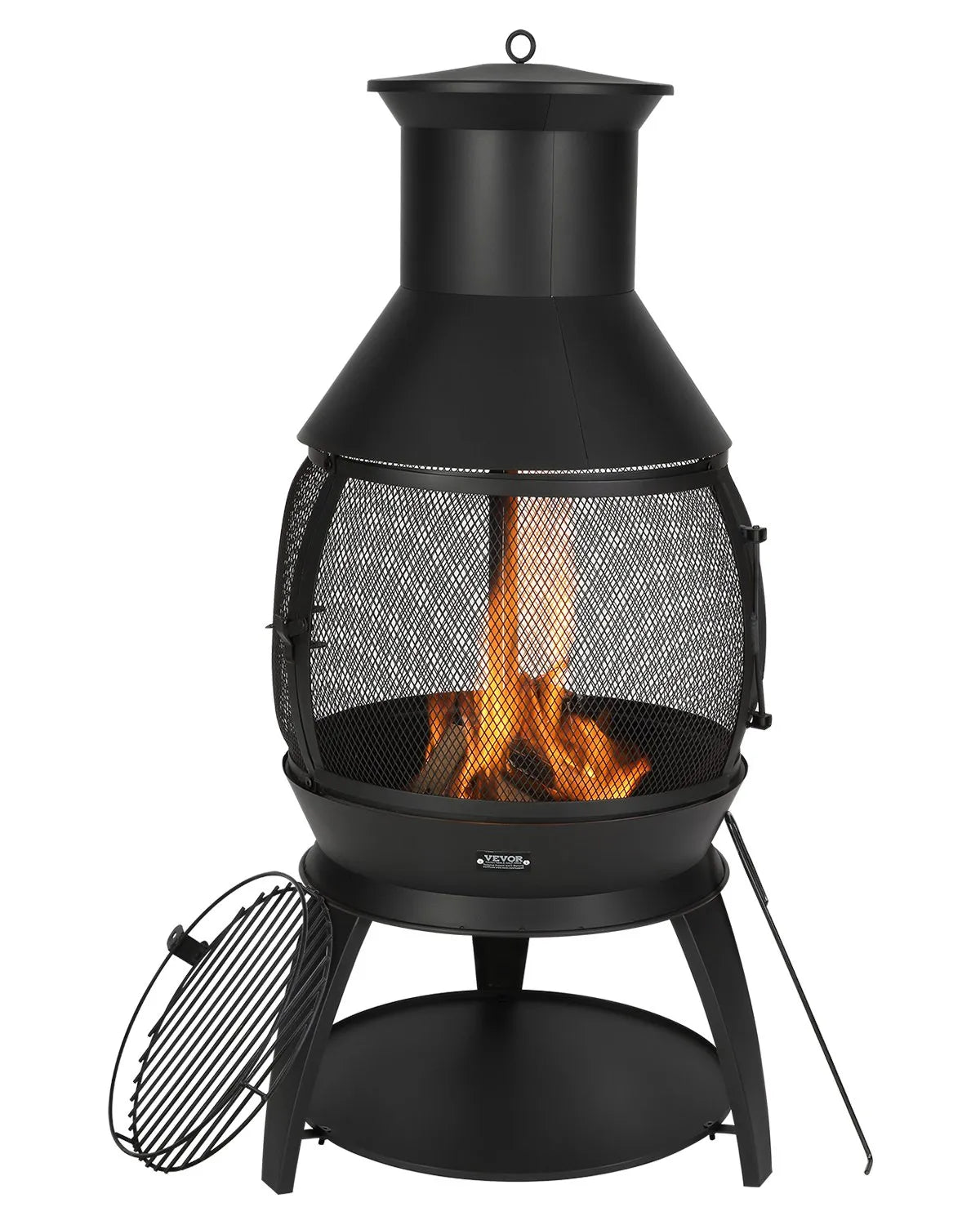 VEVOR Chiminea 56 cm Outdoor Wood-Burning Fire Pit, iron spherical fireplace design with BBQ grate, chimney cap, and rust-resistant lid; suitable for the patio, garden, and backyard