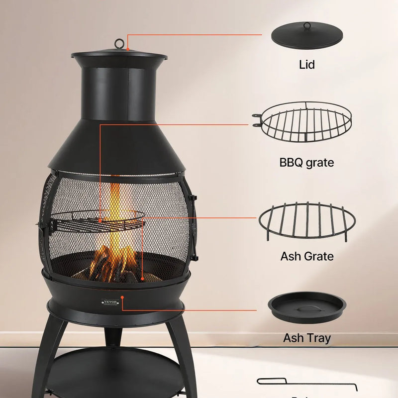 VEVOR Čimineja 56 cm āra malkas ugunskura krāsns, dzelzs sfēriska kamīna forma ar BBQ režģi, skursteņa pārsegu un rūsasizturīgu vāku, piemērota terasei, dārzam un pagalmai