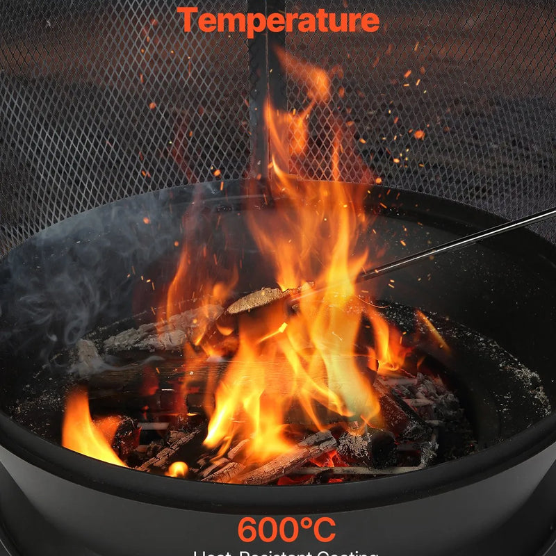 VEVOR Čimineja 56 cm āra malkas ugunskura krāsns, dzelzs sfēriska kamīna forma ar BBQ režģi, skursteņa pārsegu un rūsasizturīgu vāku, piemērota terasei, dārzam un pagalmai