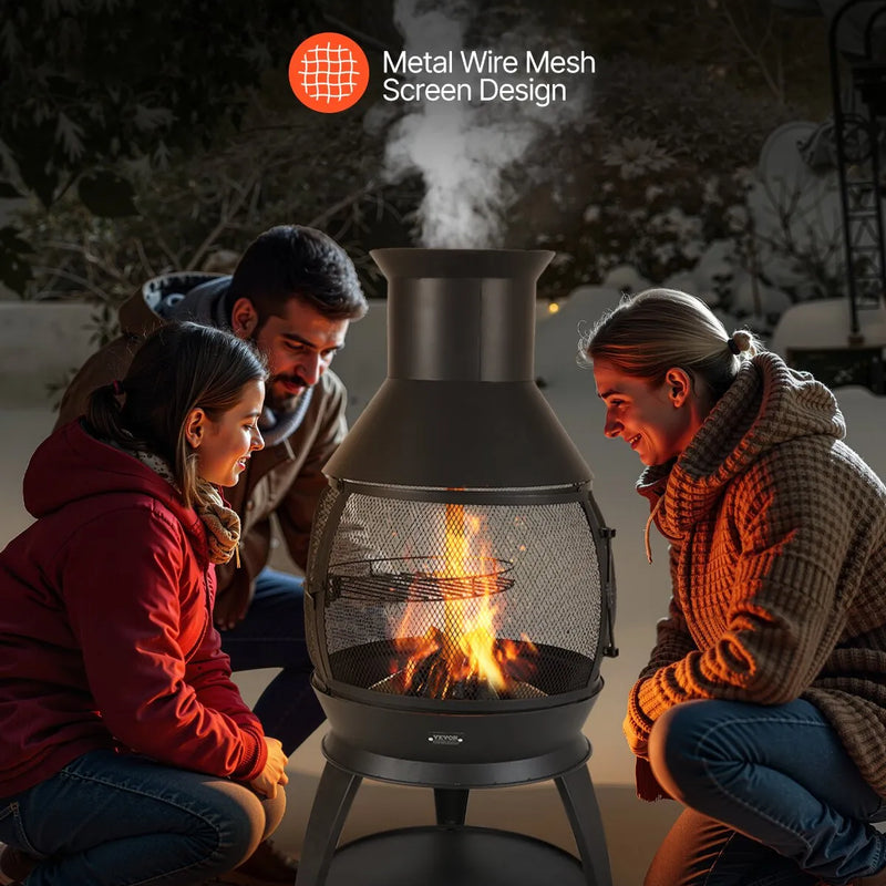 VEVOR Čimineja 56 cm āra malkas ugunskura krāsns, dzelzs sfēriska kamīna forma ar BBQ režģi, skursteņa pārsegu un rūsasizturīgu vāku, piemērota terasei, dārzam un pagalmai