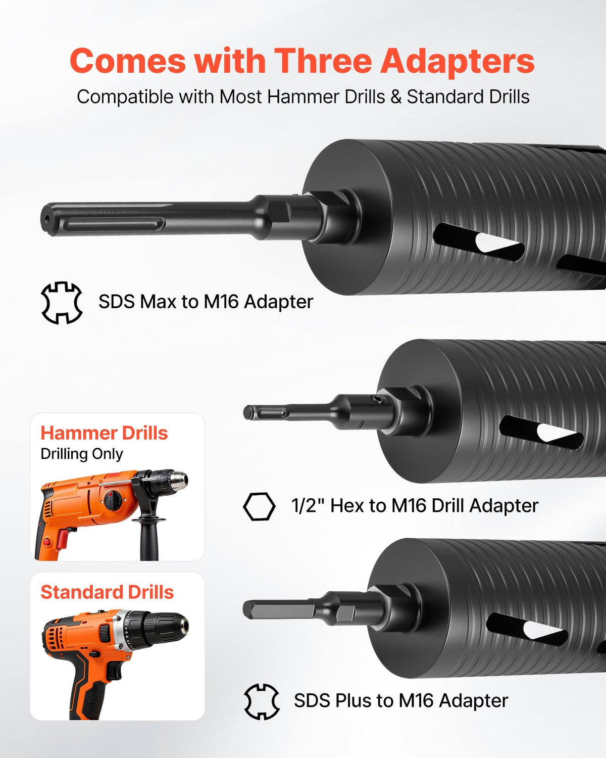 VEVOR dimanta kroņurbis sausajai urbšanai, diametrs 102 mm, urbšanas dziļums 241 mm, M16 iekšējā vītne, komplektā 3 adapteri, centrurbis un sešstūra atslēga dzelzsbetonam, ķieģeļiem un mūrim