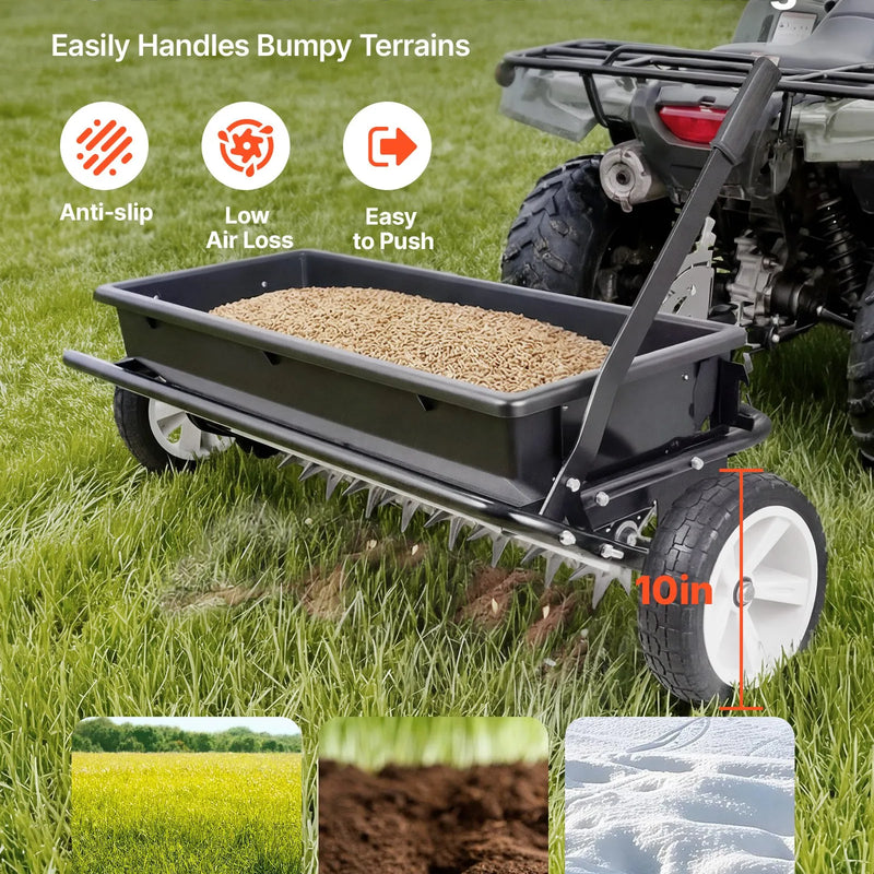 VEVOR velkamais zāliena kaisītājs ar aerācijas tapām, izkliedes platums 0,81 m, universāla sakabe, zāliena sējmašīna un augsnes aerators ar 45,36 kg ietilpību un 254 mm riepām ATV un UTV transportam