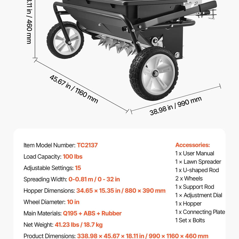 VEVOR velkamais zāliena kaisītājs ar aerācijas tapām, izkliedes platums 0,81 m, universāla sakabe, zāliena sējmašīna un augsnes aerators ar 45,36 kg ietilpību un 254 mm riepām ATV un UTV transportam