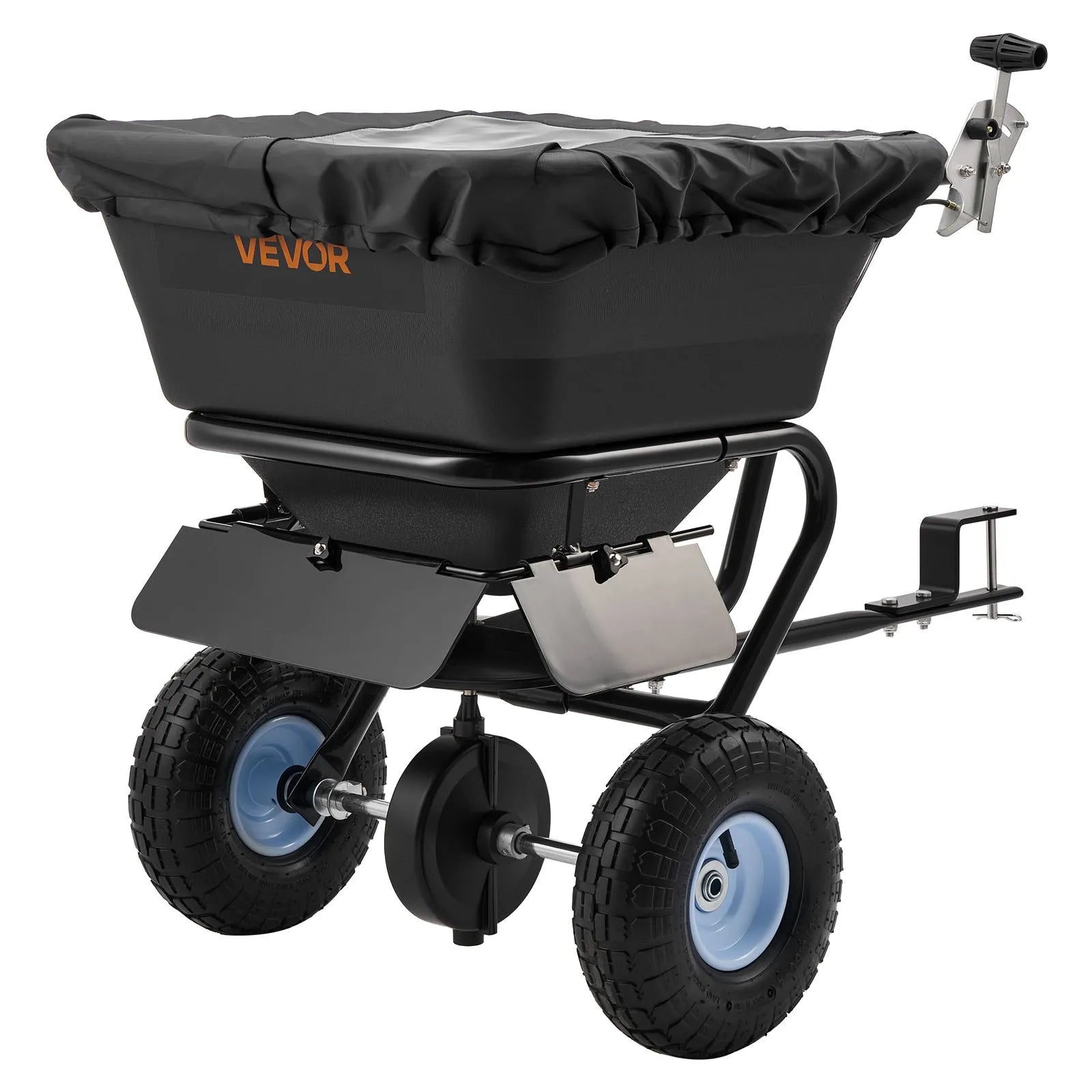 VEVOR piekabē velkams zāliena sējējs, sadales platums 3 m, dārza un zāliena sējējs ar universālu piekabes āķi, 38,6 kg ietilpība un 25 cm visurgājēja riepas, sēklu un mēslojuma sadales sējējs ATV un UTV