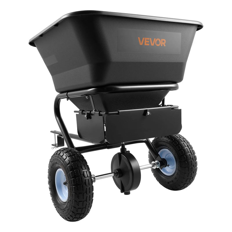 VEVOR piekabē velkams zāliena sējējs, sadales platums 3 m, dārza un zāliena sējējs ar universālu piekabes āķi, 38,6 kg ietilpība un 25 cm visurgājēja riepas, sēklu un mēslojuma sadales sējējs ATV un UTV