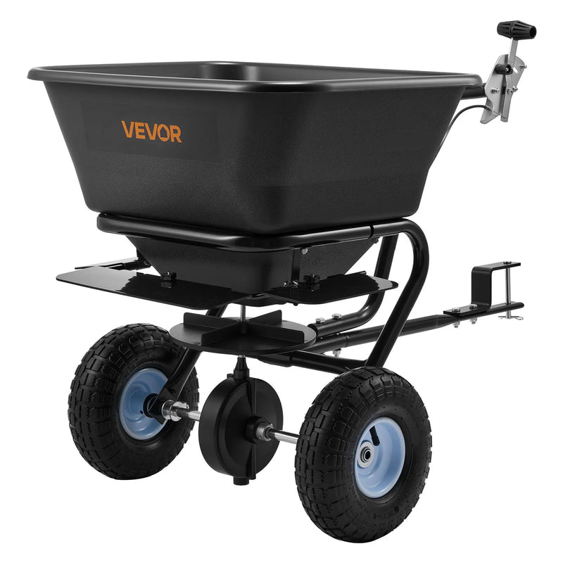 VEVOR piekabē velkams zāliena sējējs, sadales platums 3 m, dārza un zāliena sējējs ar universālu piekabes āķi, 38,6 kg ietilpība un 25 cm visurgājēja riepas, sēklu un mēslojuma sadales sējējs ATV un UTV