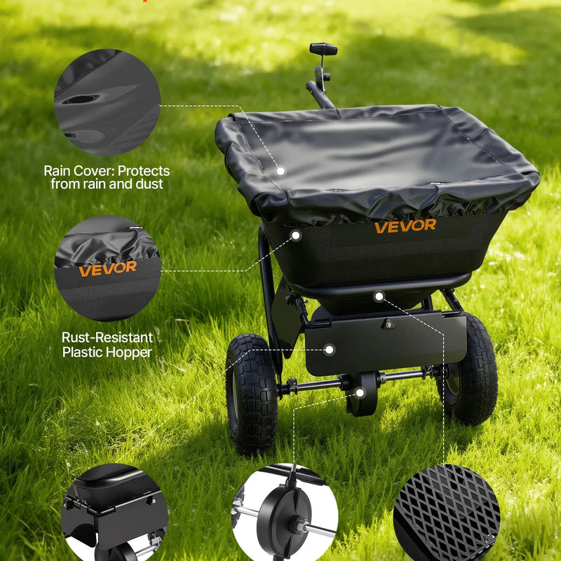 VEVOR piekabē velkams zāliena sējējs, sadales platums 3 m, dārza un zāliena sējējs ar universālu piekabes āķi, 38,6 kg ietilpība un 25 cm visurgājēja riepas, sēklu un mēslojuma sadales sējējs ATV un UTV