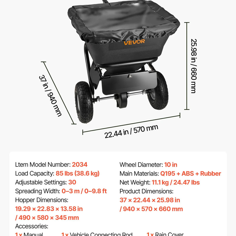 VEVOR piekabē velkams zāliena sējējs, sadales platums 3 m, dārza un zāliena sējējs ar universālu piekabes āķi, 38,6 kg ietilpība un 25 cm visurgājēja riepas, sēklu un mēslojuma sadales sējējs ATV un UTV