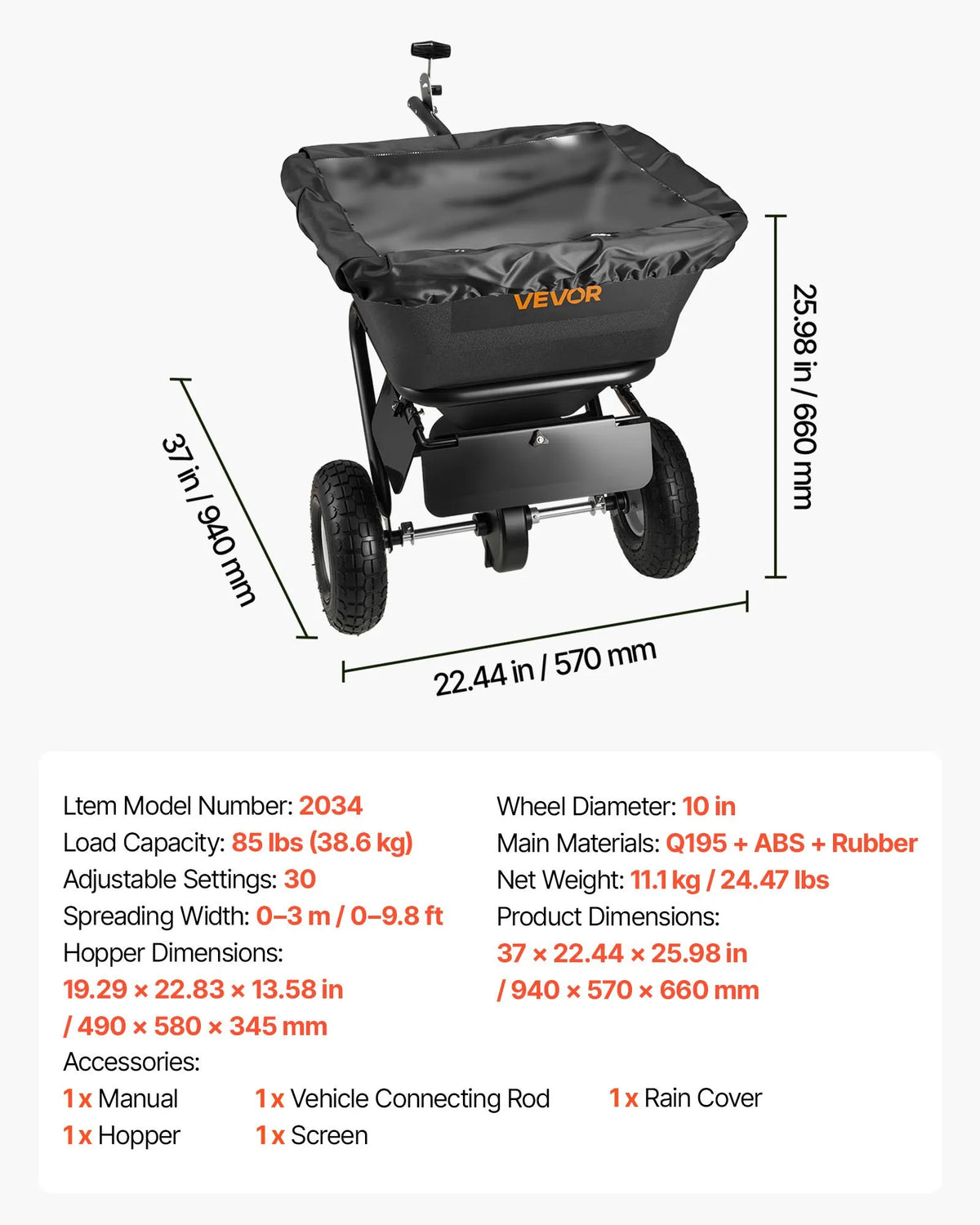 VEVOR piekabē velkams zāliena sējējs, sadales platums 3 m, dārza un zāliena sējējs ar universālu piekabes āķi, 38,6 kg ietilpība un 25 cm visurgājēja riepas, sēklu un mēslojuma sadales sējējs ATV un UTV