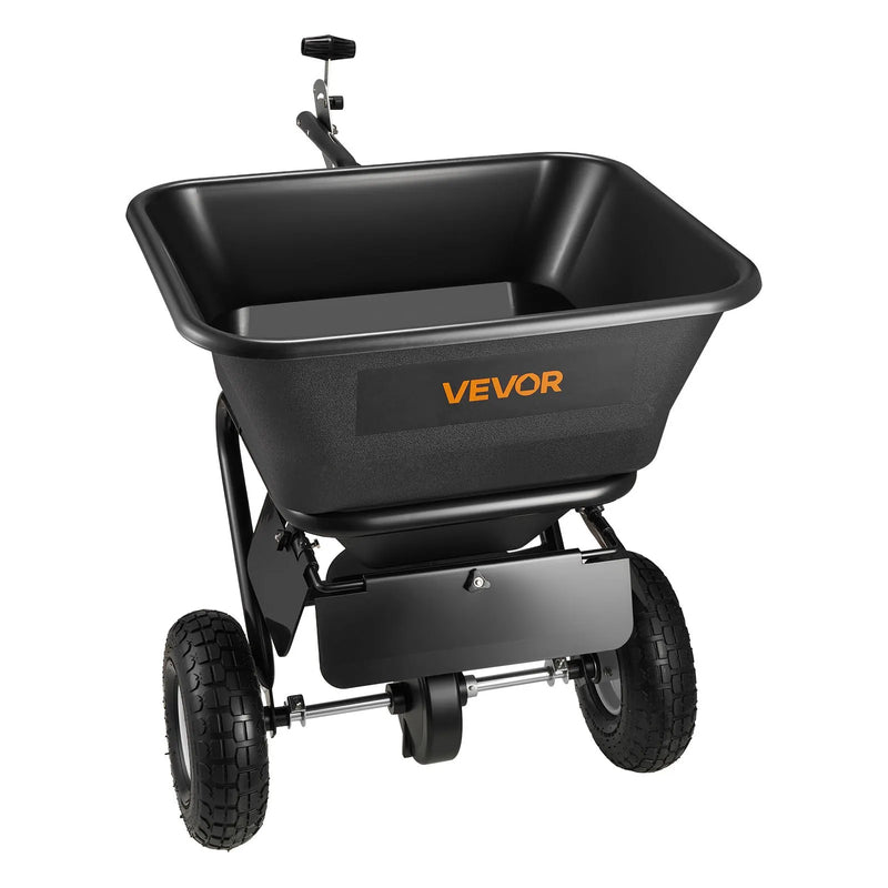VEVOR piekabē velkams zāliena sējējs, sadales platums 3 m, dārza un zāliena sējējs ar universālu piekabes āķi, 38,6 kg ietilpība un 25 cm visurgājēja riepas, sēklu un mēslojuma sadales sējējs ATV un UTV