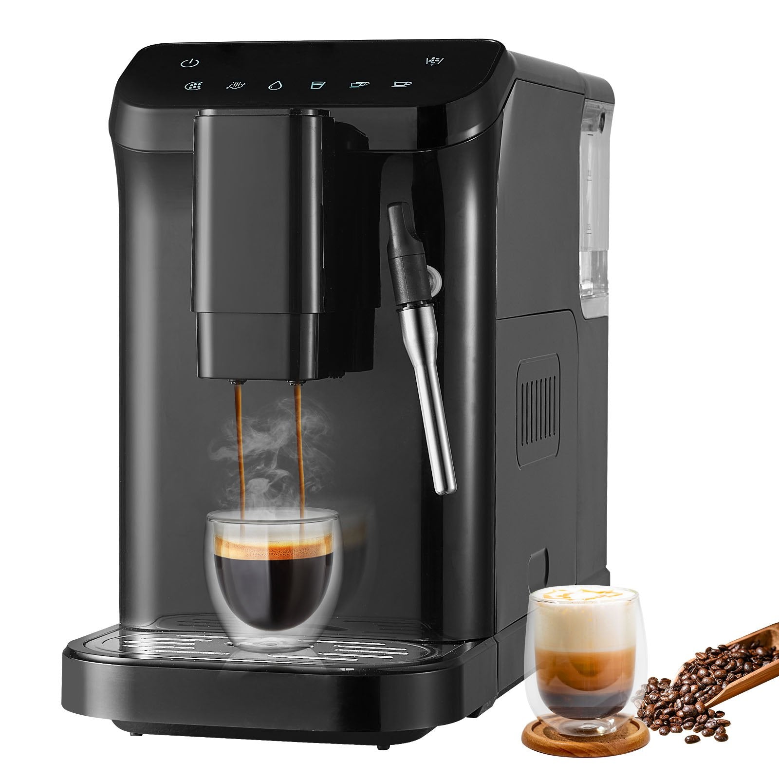 VEVOR automātiskais espresso kafijas automāts, 20 bāru spiediens, ar tvaika sprauslu un 15 malšanas līmeņiem