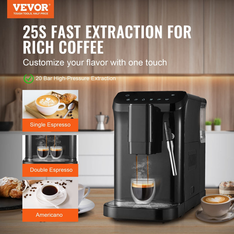 VEVOR automātiskais espresso kafijas automāts, 20 bāru spiediens, ar tvaika sprauslu un 15 malšanas līmeņiem