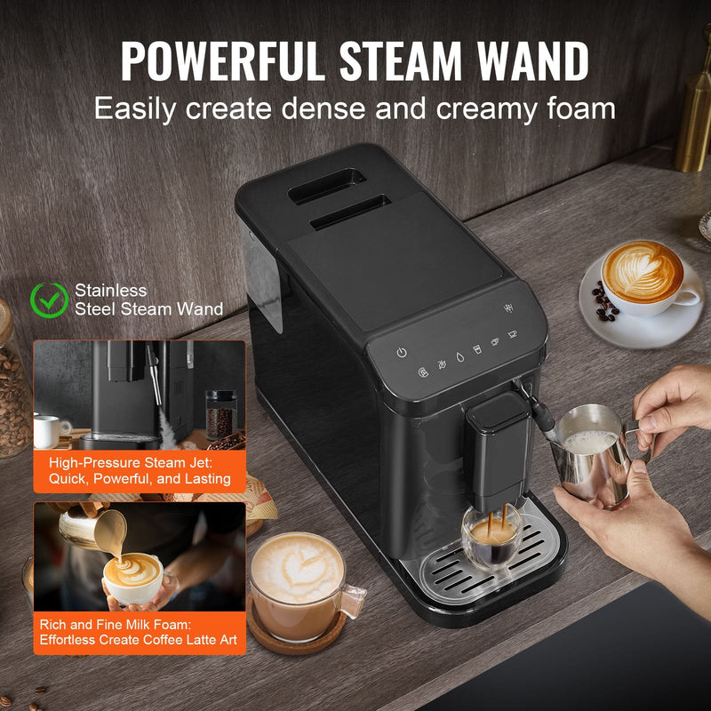 VEVOR automātiskais espresso kafijas automāts, 20 bāru spiediens, ar tvaika sprauslu un 15 malšanas līmeņiem