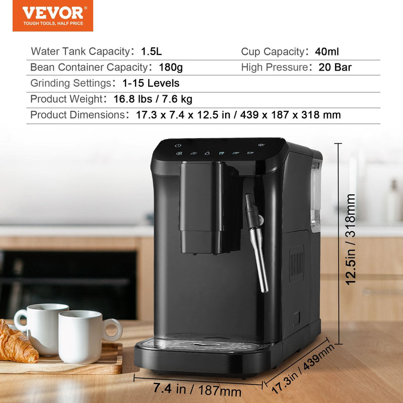 VEVOR automātiskais espresso kafijas automāts, 20 bāru spiediens, ar tvaika sprauslu un 15 malšanas līmeņiem