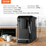 VEVOR automātiskais espresso kafijas automāts, 20 bāru spiediens, ar tvaika sprauslu un 15 malšanas līmeņiem