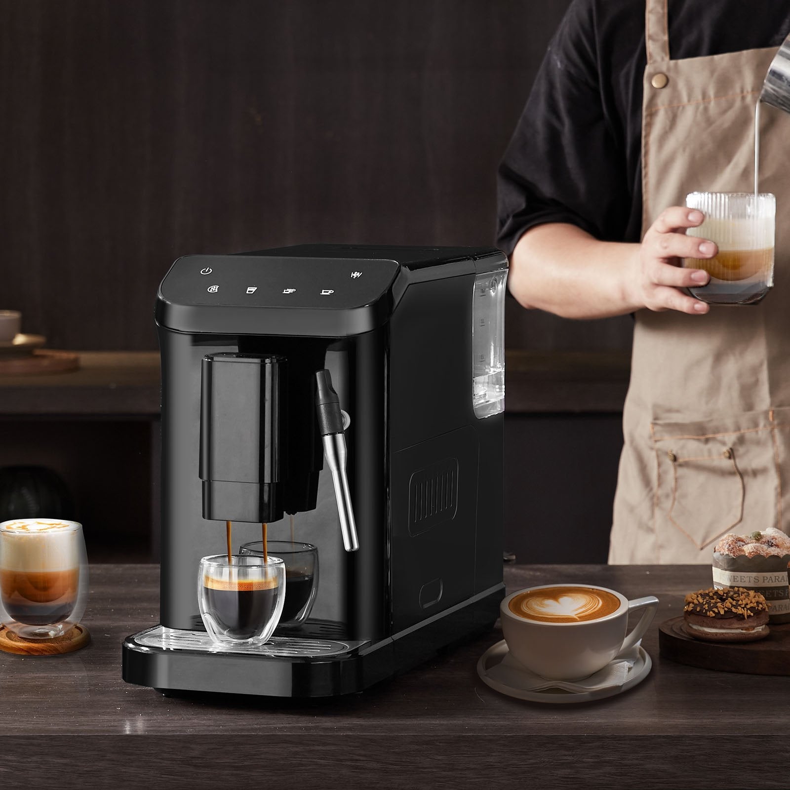 VEVOR automātiskais espresso kafijas automāts, 20 bāru spiediens, ar tvaika sprauslu un 15 malšanas līmeņiem