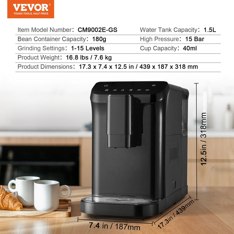 VEVOR automātiskā espresso mašīna 15Bar ar iebūvētām dzirnaviņām un 15 malšanas līmeņiem