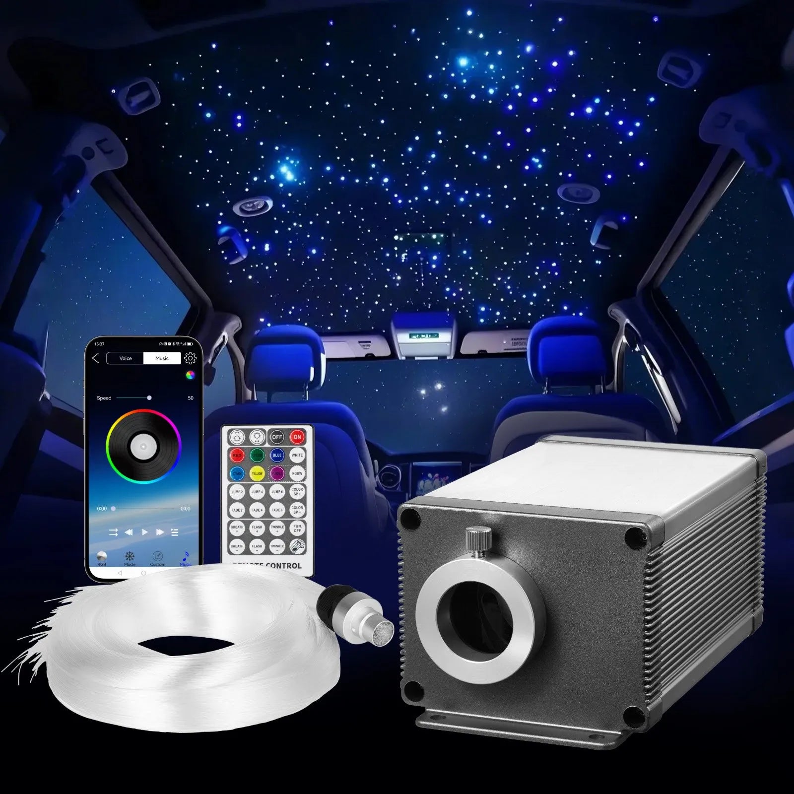 Starlight griestu apgaismojuma komplekts, 450 gab., 0,75 mm, 3 m, 16 W, ar Bluetooth, tālvadību, skaņas aktivizāciju, RGBW