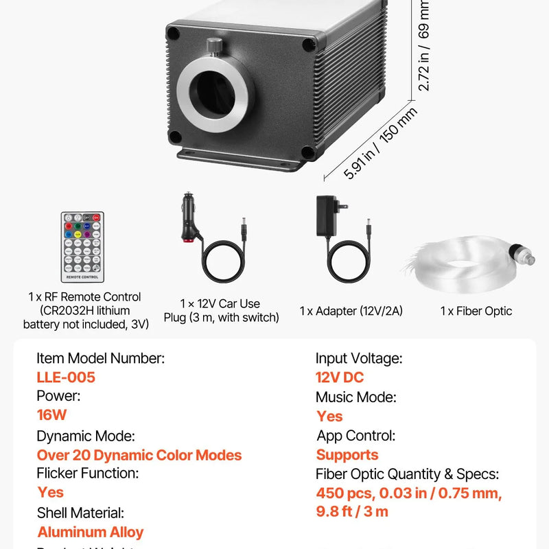 Starlight griestu apgaismojuma komplekts, 450 gab., 0,75 mm, 3 m, 16 W, ar Bluetooth, tālvadību, skaņas aktivizāciju, RGBW