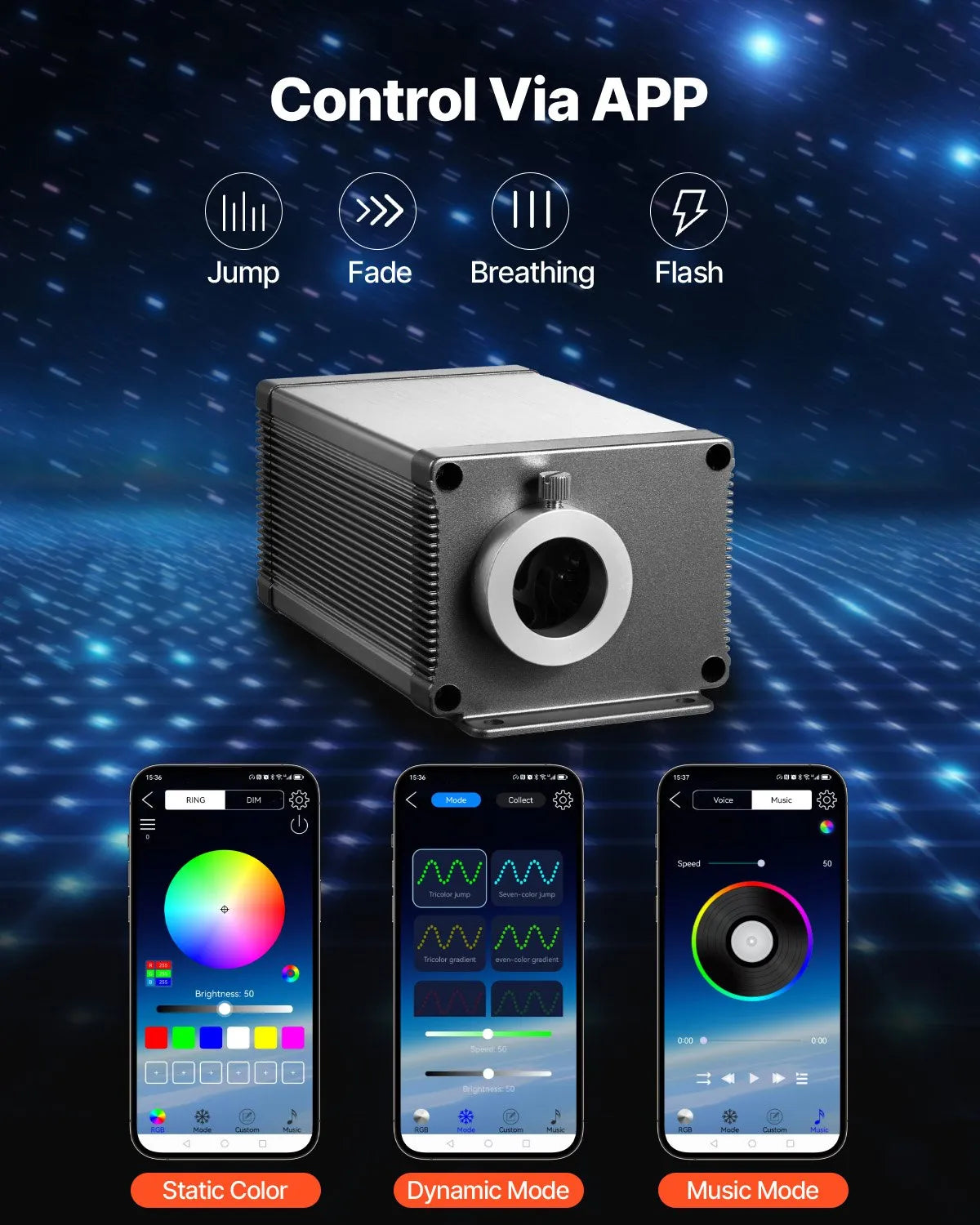 Starlight griestu apgaismojuma komplekts, 550 gab., 0,76 mm, 3 m, 16 W, ar Bluetooth, tālvadību, skaņas aktivizāciju, RGBW