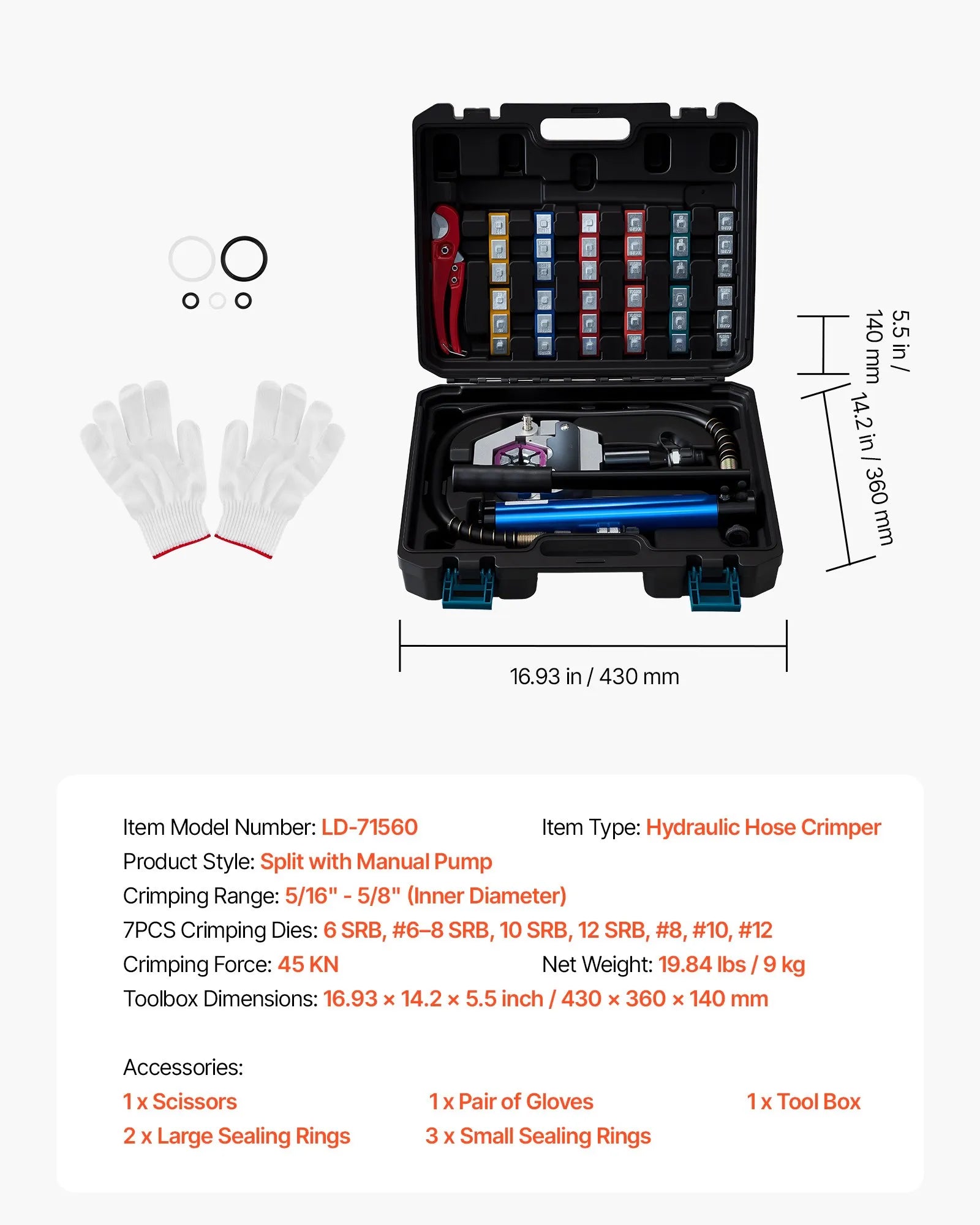 VEVOR hidrauliskais šļūteņu presētājs Hydra-Krimp A/C, komplekts ar 7 maināmām presformām un pārnēsājamu koferi, manuāls hidrauliskais sūknis, paredzēts automobiļu un gaisa kondicionēšanas sistēmu šļūteņu presēšanai