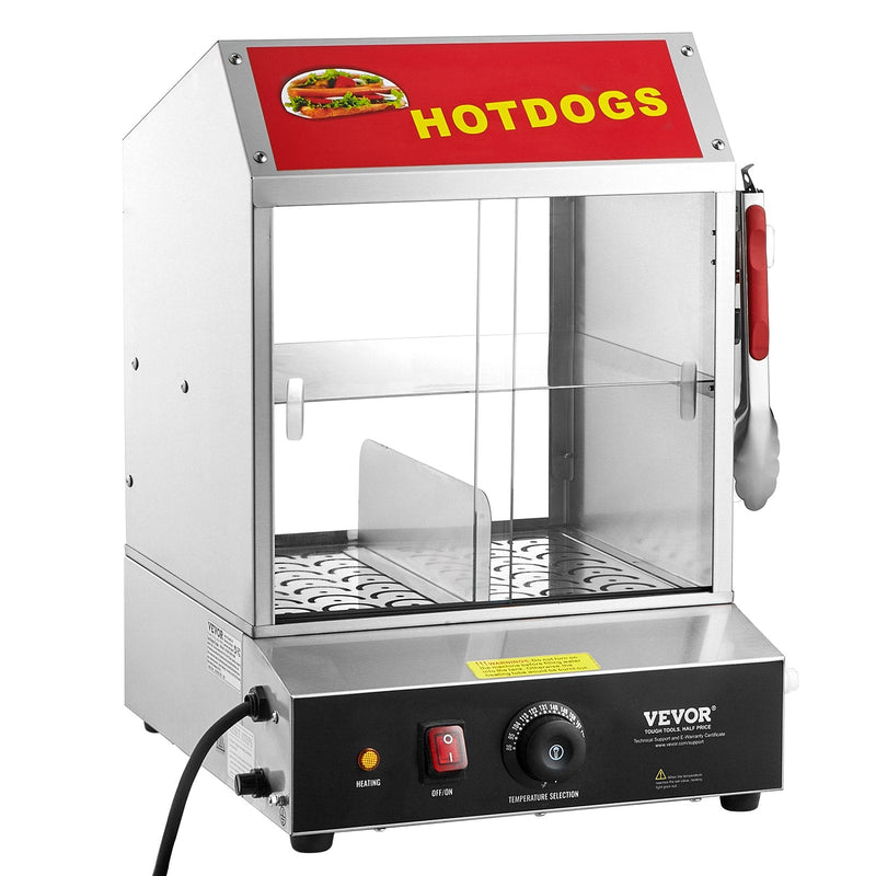 VEVOR Komerciālais Hotdogu Tvaicētājs – 2 līmeņu elektriska maizīšu sildītava, 27L, bīdāmās durvis