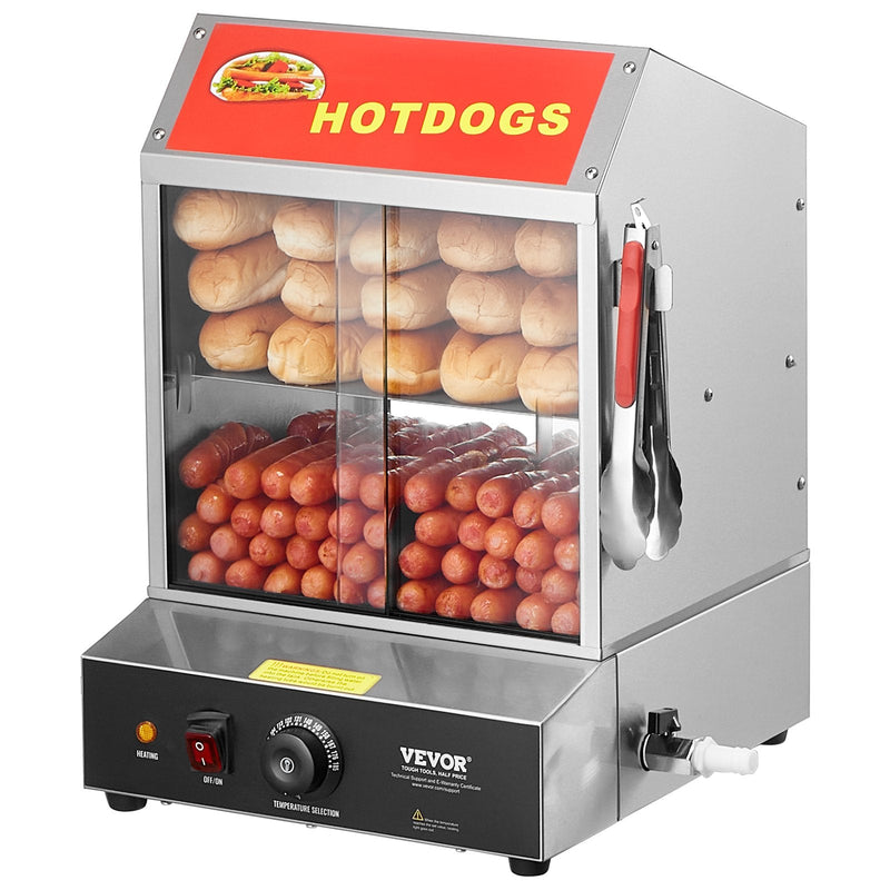 VEVOR Komerciālais Hotdogu Tvaicētājs – 2 līmeņu elektriska maizīšu sildītava, 27L, bīdāmās durvis