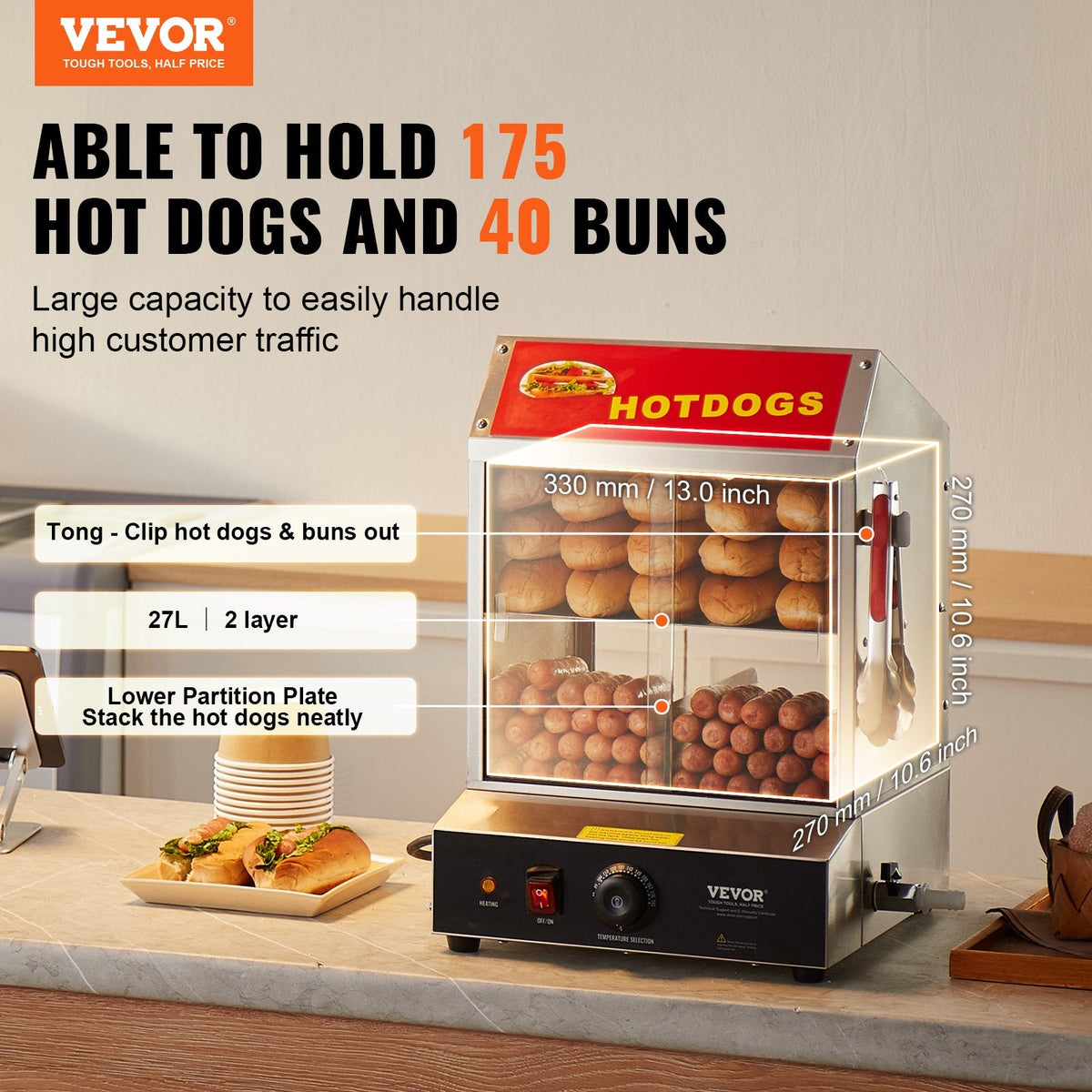 VEVOR Komerciālais Hotdogu Tvaicētājs – 2 līmeņu elektriska maizīšu sildītava, 27L, bīdāmās durvis
