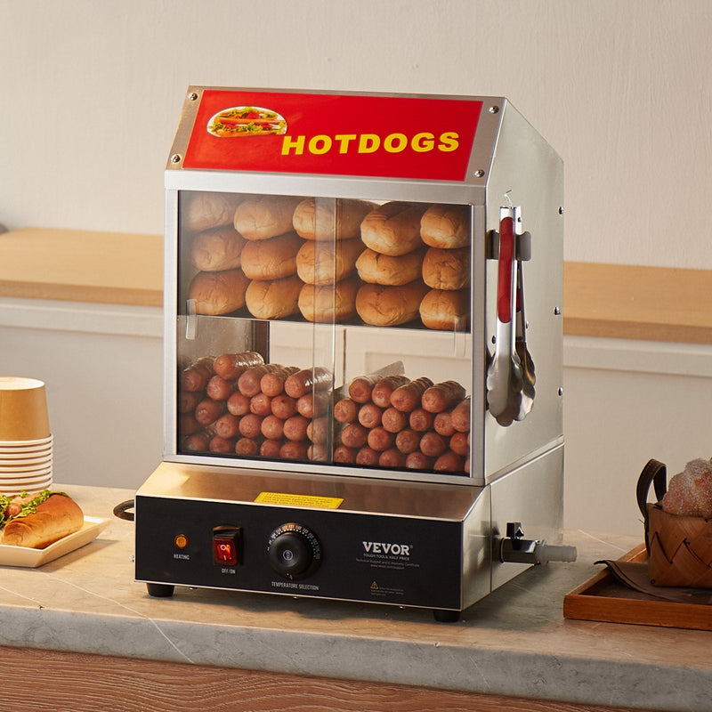 VEVOR Komerciālais Hotdogu Tvaicētājs – 2 līmeņu elektriska maizīšu sildītava, 27L, bīdāmās durvis