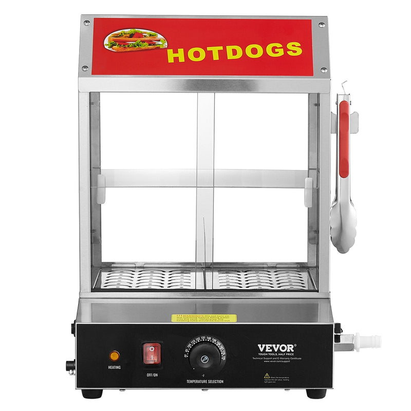 VEVOR Komerciālais Hotdogu Tvaicētājs – 2 līmeņu elektriska maizīšu sildītava, 27L, bīdāmās durvis