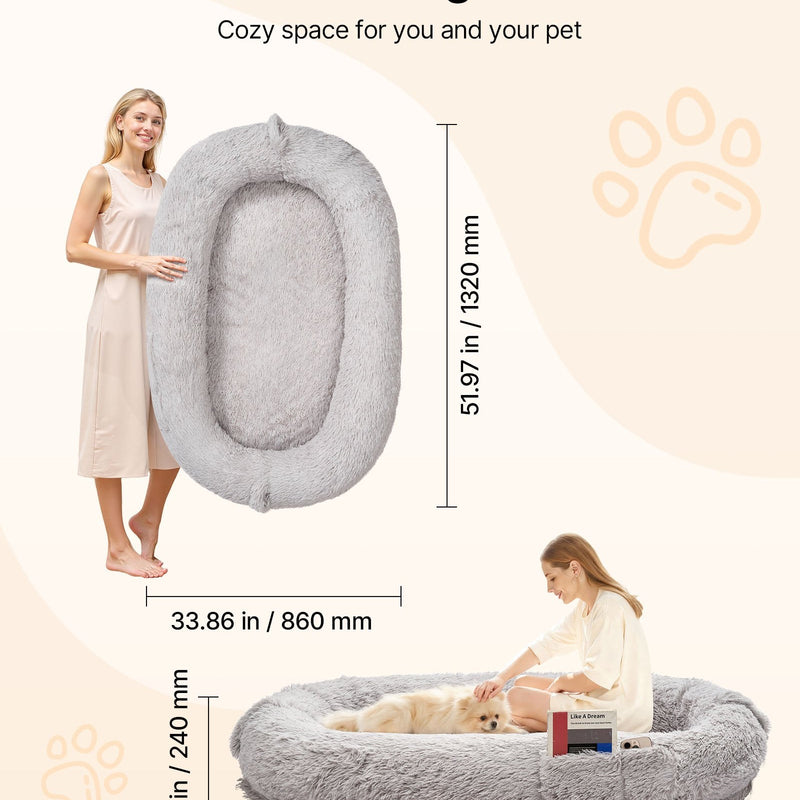 VEVOR cilvēka izmēra suņu gulta, 1320 × 860 × 240 mm ortopēdisks memory foam matracis, cilvēka izmēra gulta suņiem ar sānu kabatu, rokturi un rāvējslēdzēju, noņemama un mazgājama mašīnā, pelēkā krāsā.