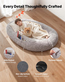 VEVOR cilvēka izmēra suņu gulta, 1320 × 860 × 240 mm ortopēdisks memory foam matracis, cilvēka izmēra gulta suņiem ar sānu kabatu, rokturi un rāvējslēdzēju, noņemama un mazgājama mašīnā, pelēkā krāsā.