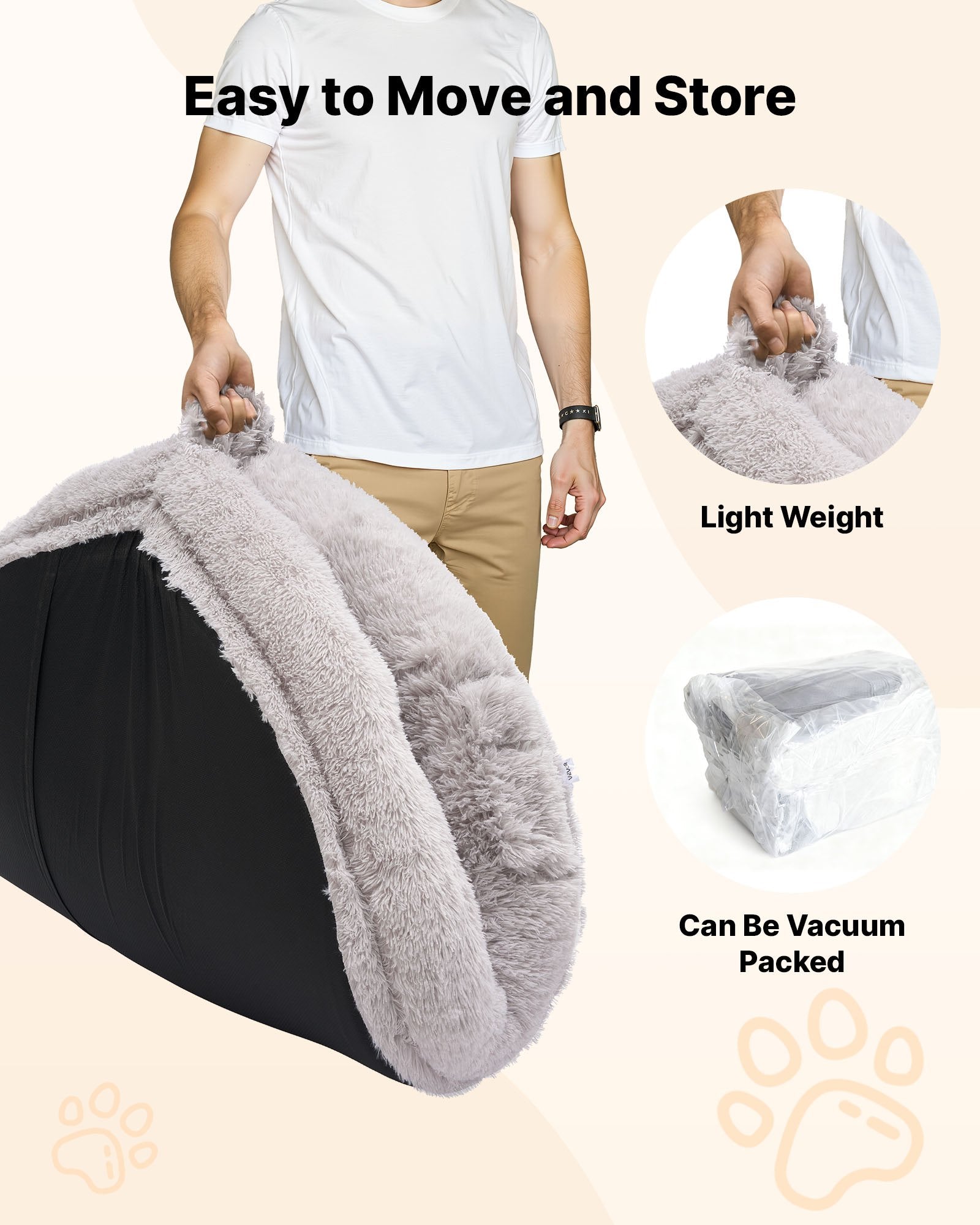 VEVOR cilvēka izmēra suņu gulta, 1320 × 860 × 240 mm ortopēdisks memory foam matracis, cilvēka izmēra gulta suņiem ar sānu kabatu, rokturi un rāvējslēdzēju, noņemama un mazgājama mašīnā, pelēkā krāsā.