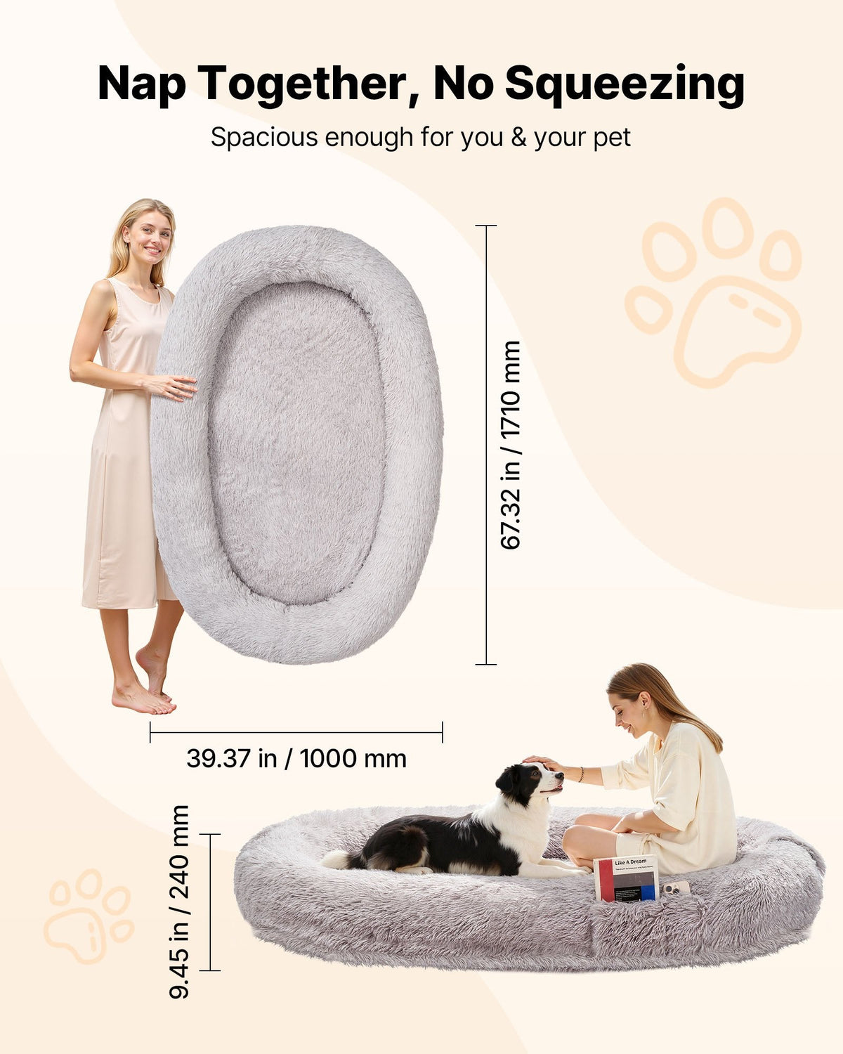 VEVOR cilvēka izmēra suņu gulta, 171 × 100 × 24 cm ortopēdisks memory foam matracis, cilvēka izmēra gulta suņiem ar sānu kabatu, rokturi un rāvējslēdzēju, noņemamu un mazgājamu mašīnā, pelēkā krāsā.
